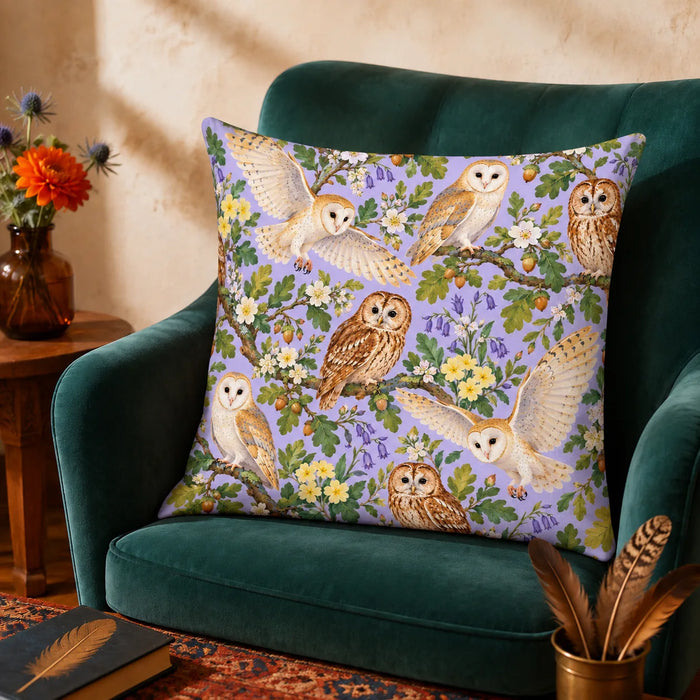 Spring Lilac Owl cushion cover set — barn and tawny owls with bluebells, primroses, oak leaves and acorns on lilac