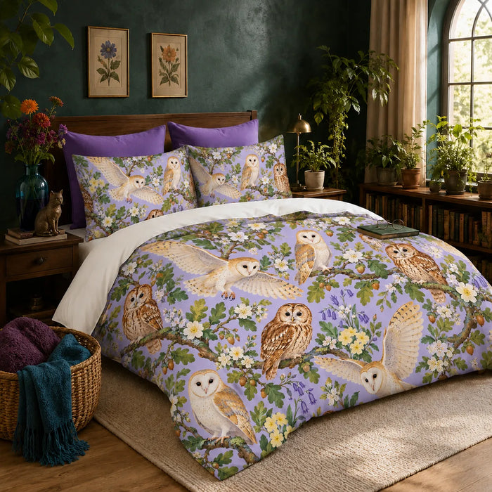 Spring Lilac Owl duvet cover set — barn and tawny owls with bluebells, primroses, oak leaves and acorns on lilac