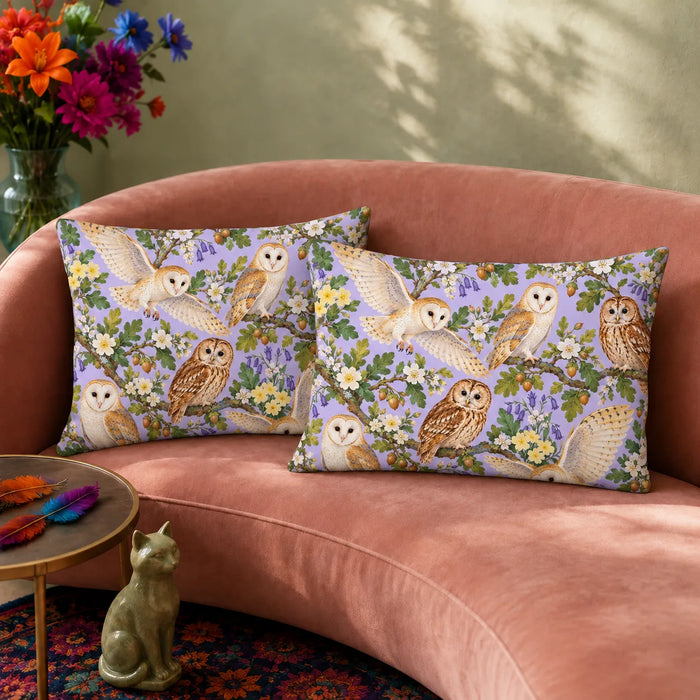 Spring Lilac Owl pillowcase set — barn and tawny owls with bluebells, primroses, oak leaves and acorns on lilac