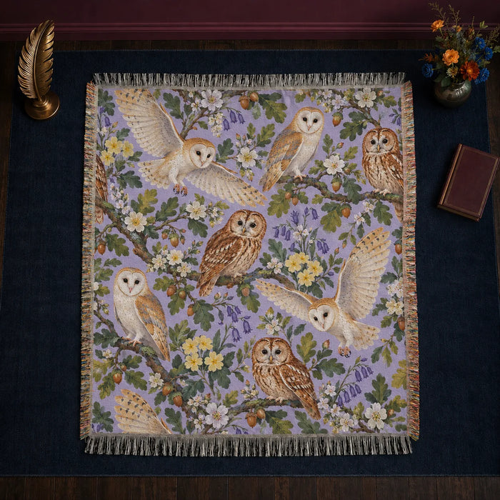 Spring Lilac Owl woven throw blanket — barn and tawny owls with bluebells, primroses, oak leaves and acorns on lilac