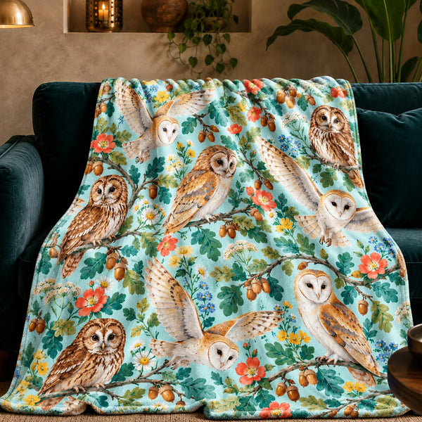 Summer Aqua Owl fleece throw blanket — barn and tawny owls with coral roses, daisies, oak leaves and acorns on aqua