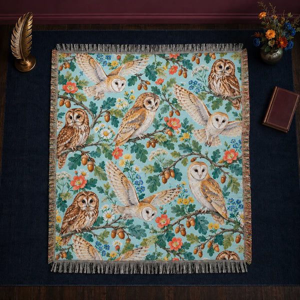 Summer Aqua Owl woven throw blanket — barn and tawny owls with coral roses, daisies, oak leaves and acorns on aqua