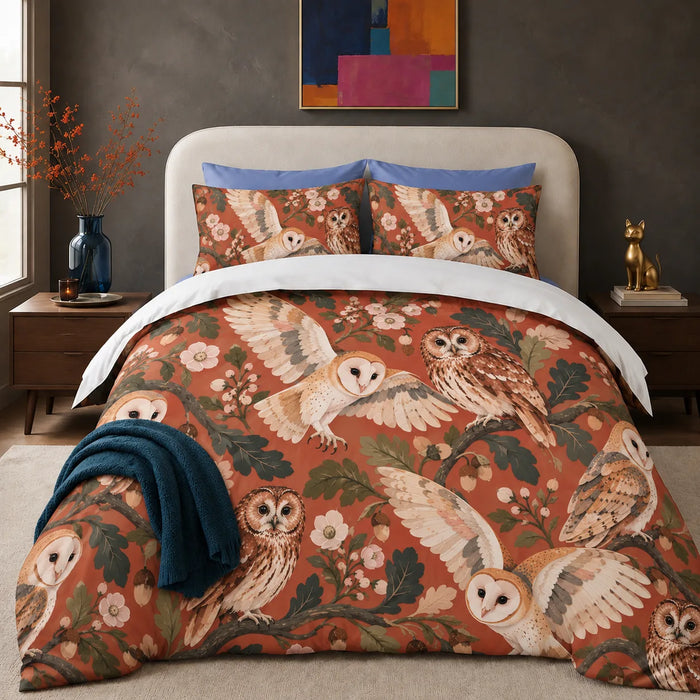 Terracotta Modern Owl comforter set — cream barn owls and tawny owls among dark green oak leaves and blossoms on terracotta