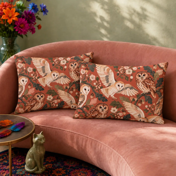 Terracotta Modern Owl pillowcase set — cream barn owls and tawny owls among dark green oak leaves and blossoms on terracotta