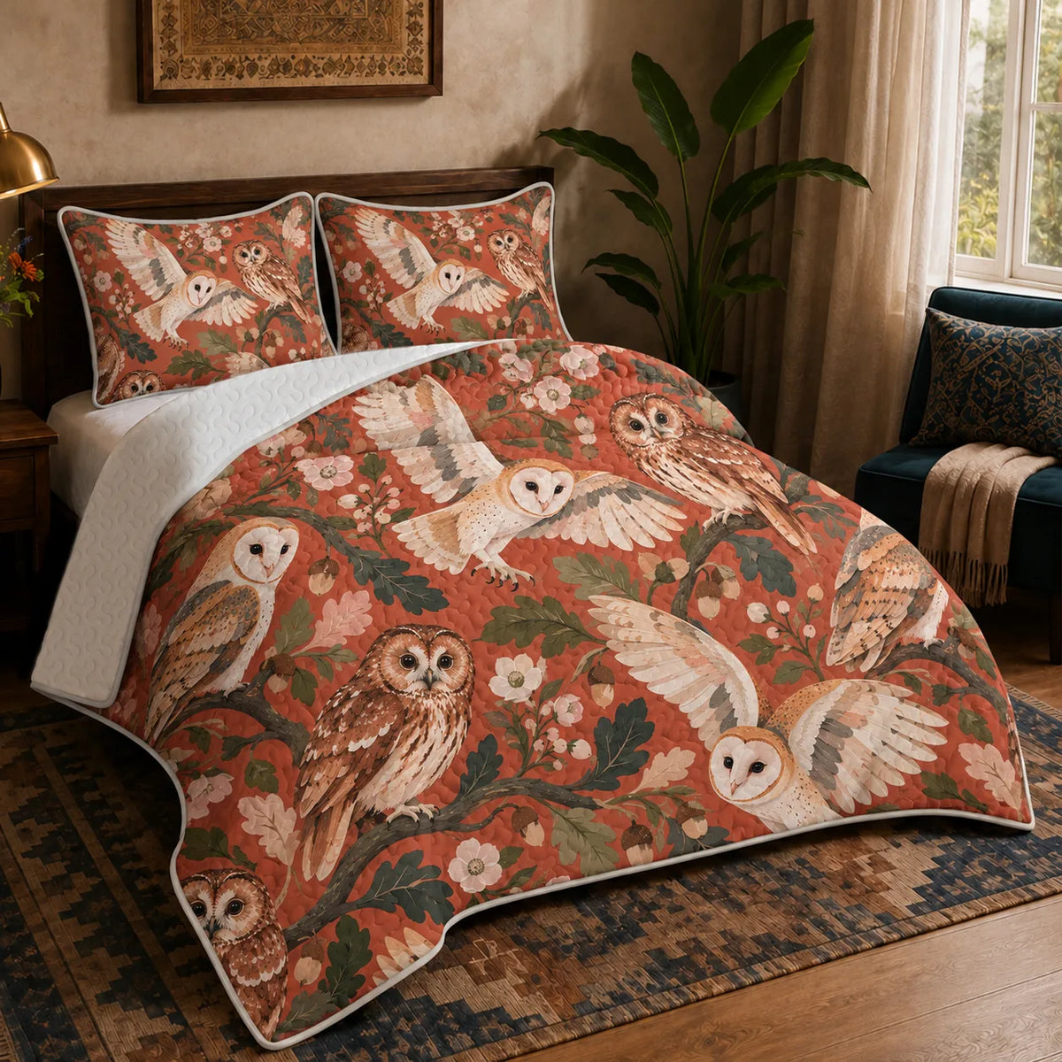Terracotta Modern Owl quilt set — cream barn owls and tawny owls among dark green oak leaves and blossoms on terracotta