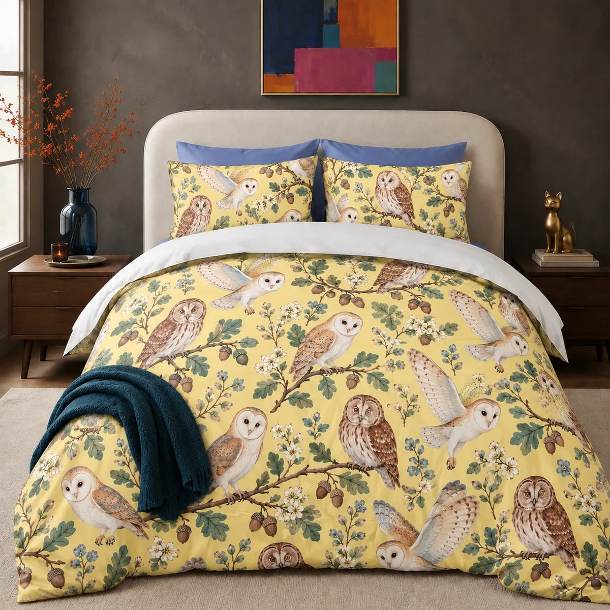 Tiny Ditsy Owl comforter set — small barn and tawny owls with oak sprigs, acorns and blue flowers on buttery yellow