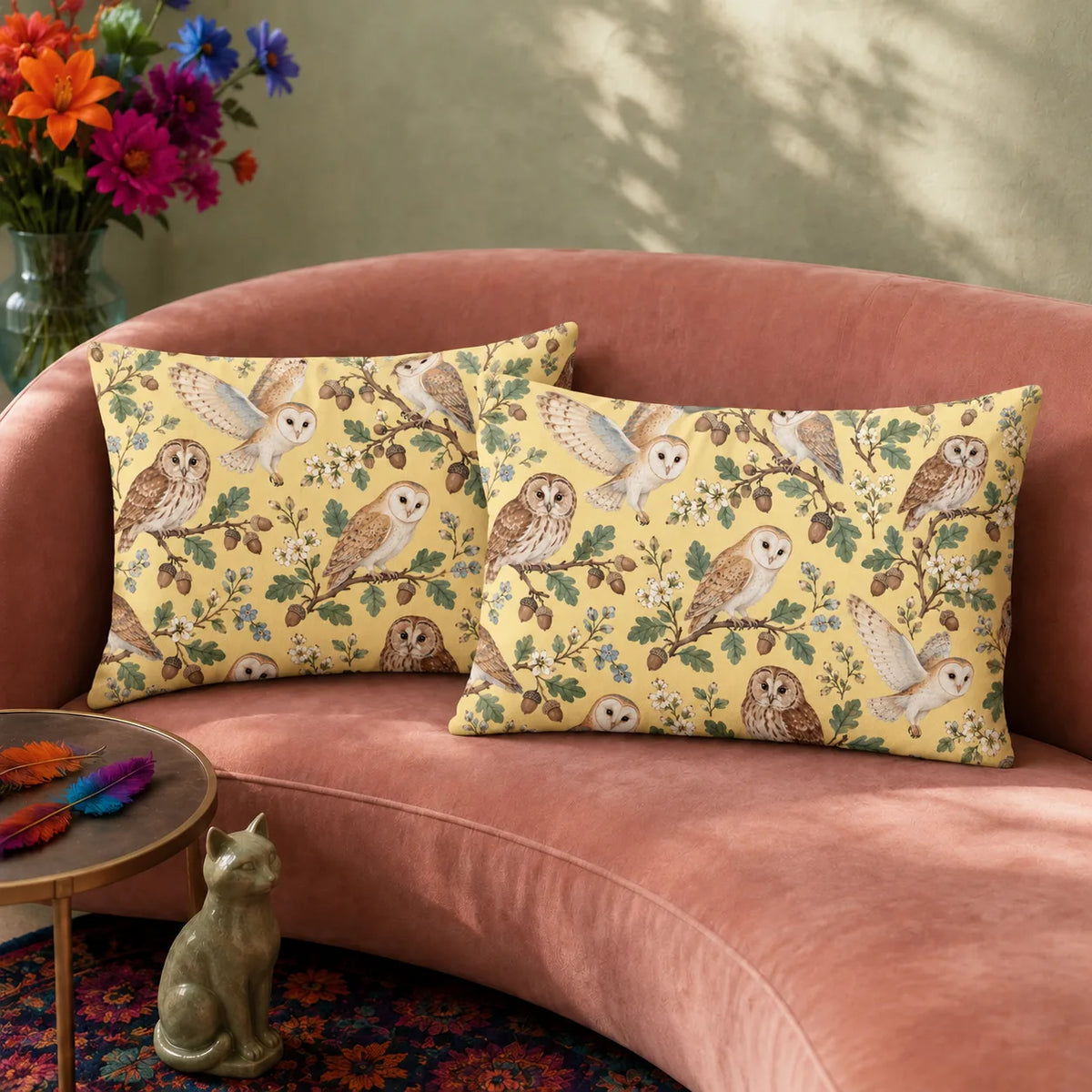 Tiny Ditsy Owl pillowcase set — small barn and tawny owls with oak sprigs, acorns and blue flowers on buttery yellow