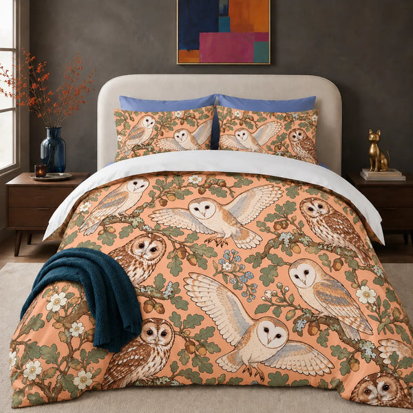 Whimsical Contour Owl comforter set — outlined barn and tawny owls with sage oak leaves, acorns and blue flowers on peach