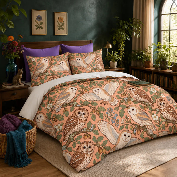 Whimsical Contour Owl duvet cover set — outlined barn and tawny owls with sage oak leaves, acorns and blue flowers on peach