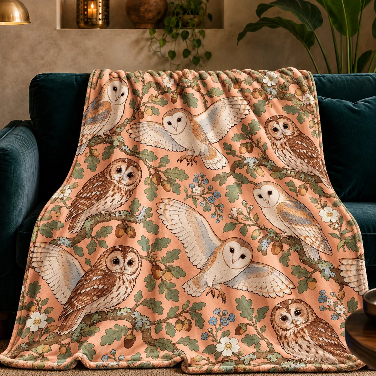 Whimsical Contour Owl fleece throw blanket — outlined barn and tawny owls with sage oak leaves, acorns and blue flowers on peach