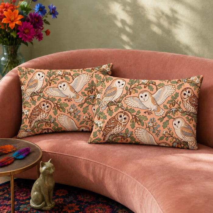 Whimsical Contour Owl pillowcase set — outlined barn and tawny owls with sage oak leaves, acorns and blue flowers on peach