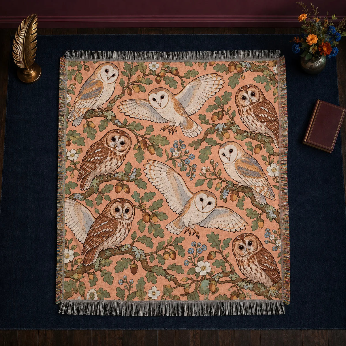 Whimsical Contour Owl woven throw blanket — outlined barn and tawny owls with sage oak leaves, acorns and blue flowers on peach