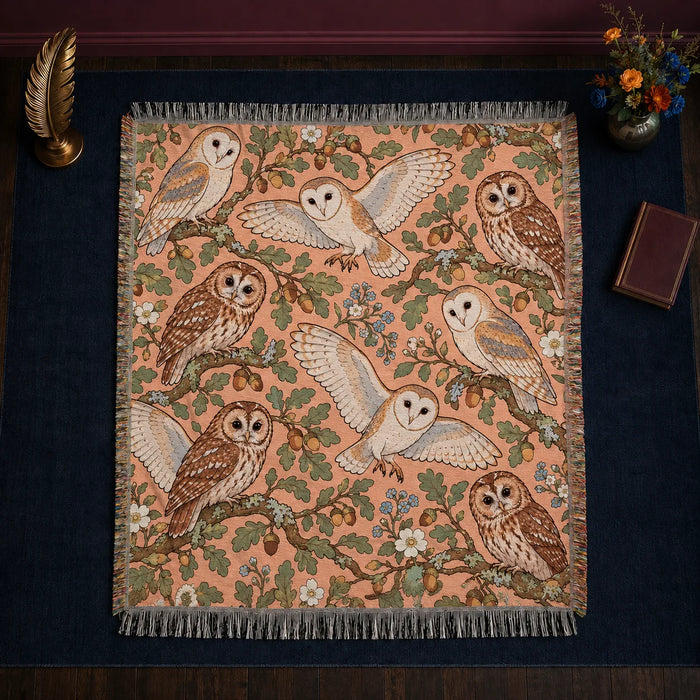Whimsical Contour Owl woven throw blanket — outlined barn and tawny owls with sage oak leaves, acorns and blue flowers on peach