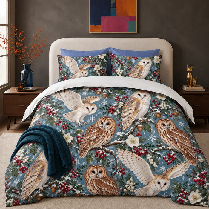 Winter Garden Owl comforter set — barn and tawny owls on snowy branches with red berries and snowflakes on dusty blue