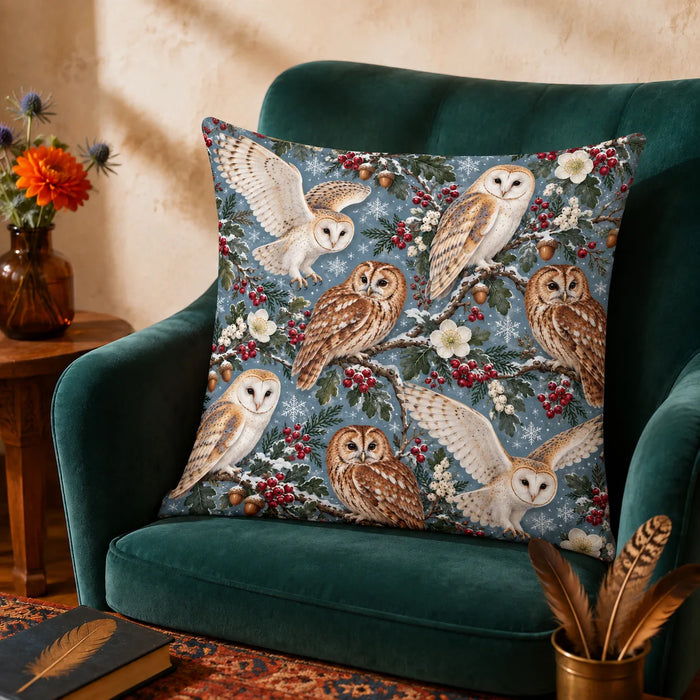Winter Garden Owl cushion cover set — barn and tawny owls on snowy branches with red berries and snowflakes on dusty blue