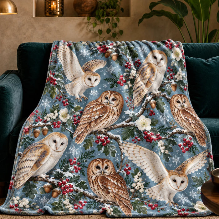 Winter Garden Owl fleece throw blanket — barn and tawny owls on snowy branches with red berries and snowflakes on dusty blue