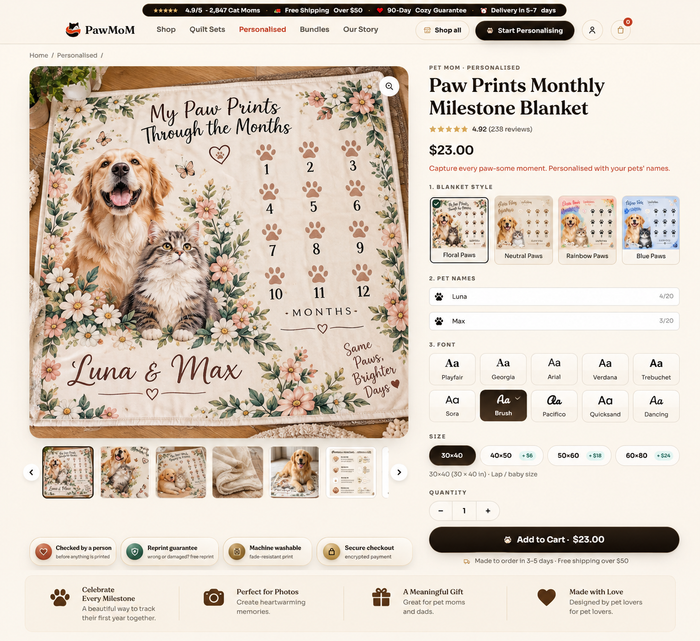 Paw Prints Monthly Milestone personalized cat and dog blanket