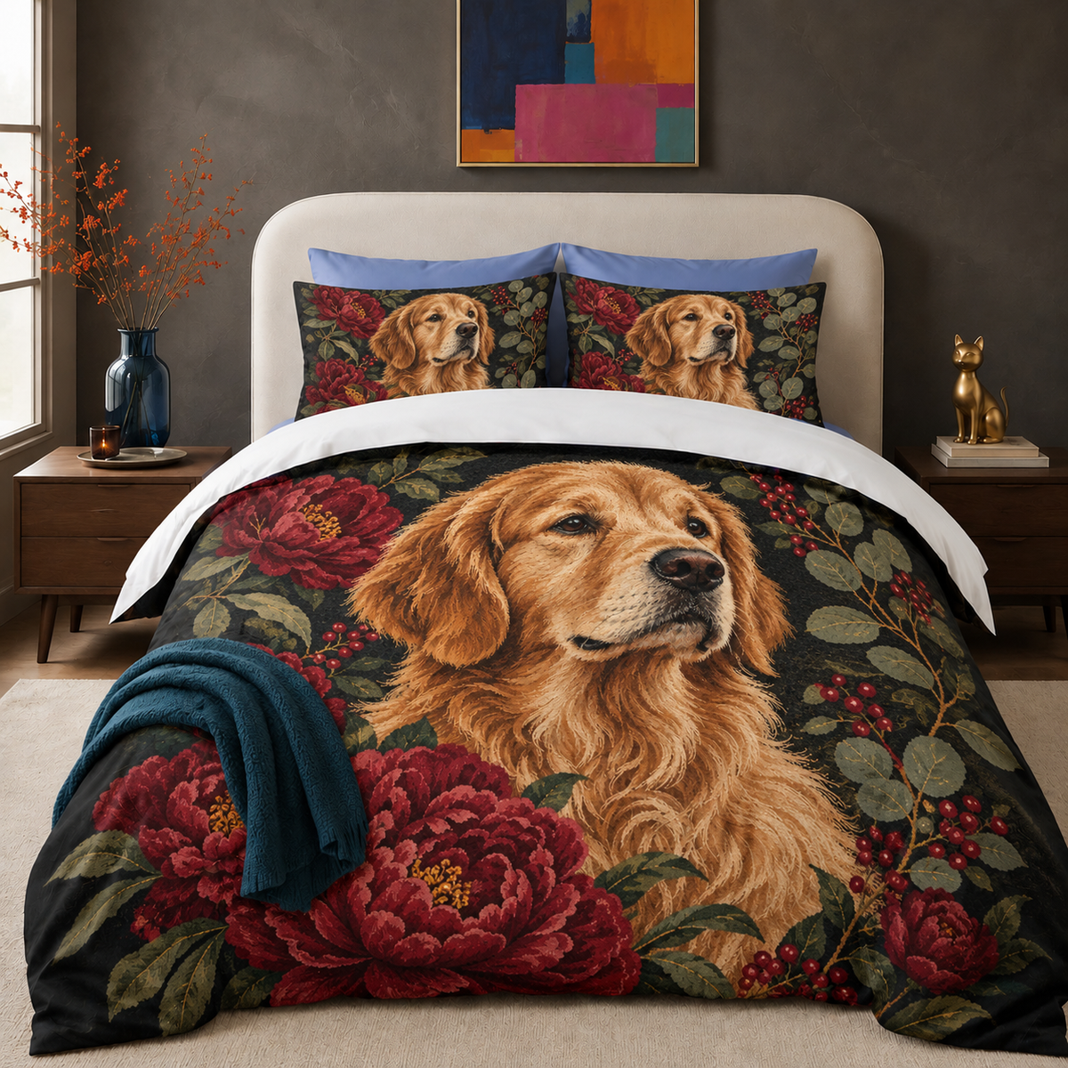 Peony Golden Retriever Portrait comforter set on a made bed with two matching shams