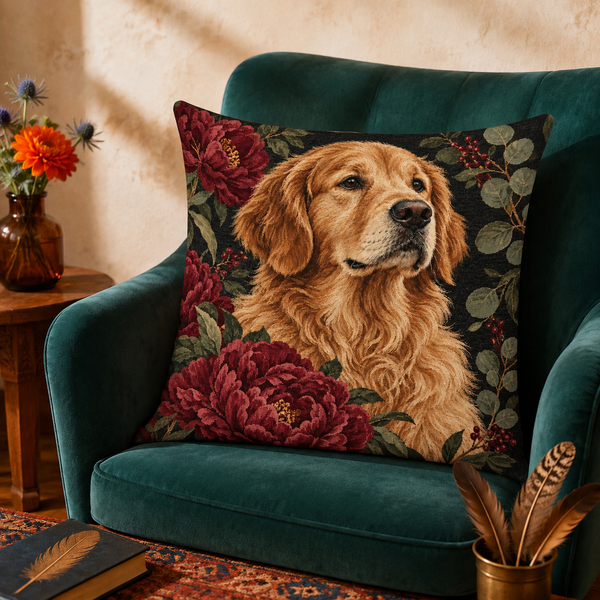 Peony Golden Retriever Portrait cushion cover on a green velvet armchair