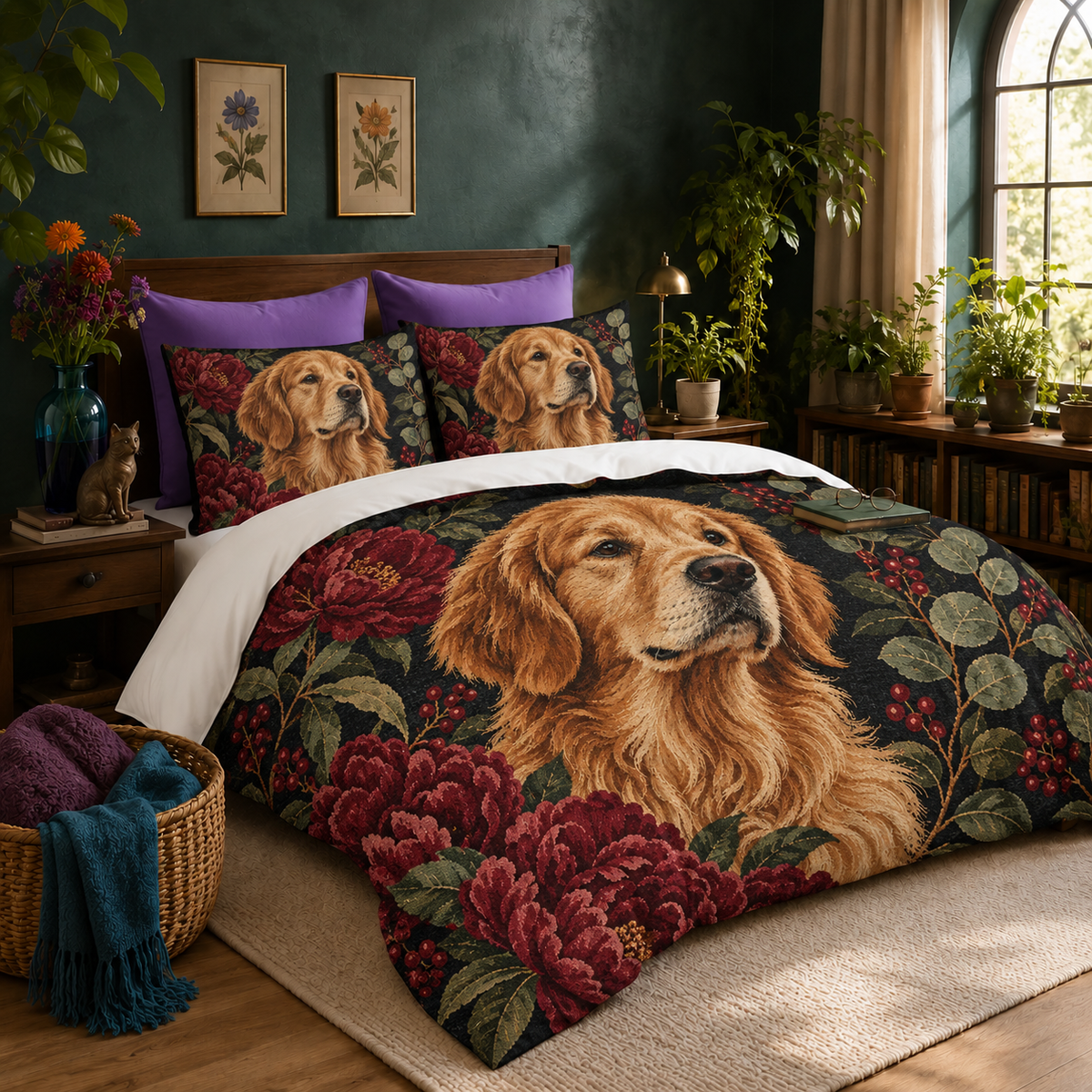 Peony Golden Retriever Portrait duvet cover set on a made bed with two matching shams