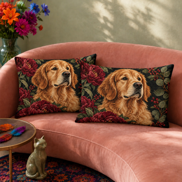 Peony Golden Retriever Portrait pillowcase set, two matching pillowcases on a sofa