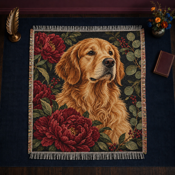 Peony Golden Retriever Portrait woven throw blanket with knotted fringe on all four sides