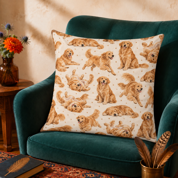 Playful Golden Retriever cushion cover on a green velvet armchair