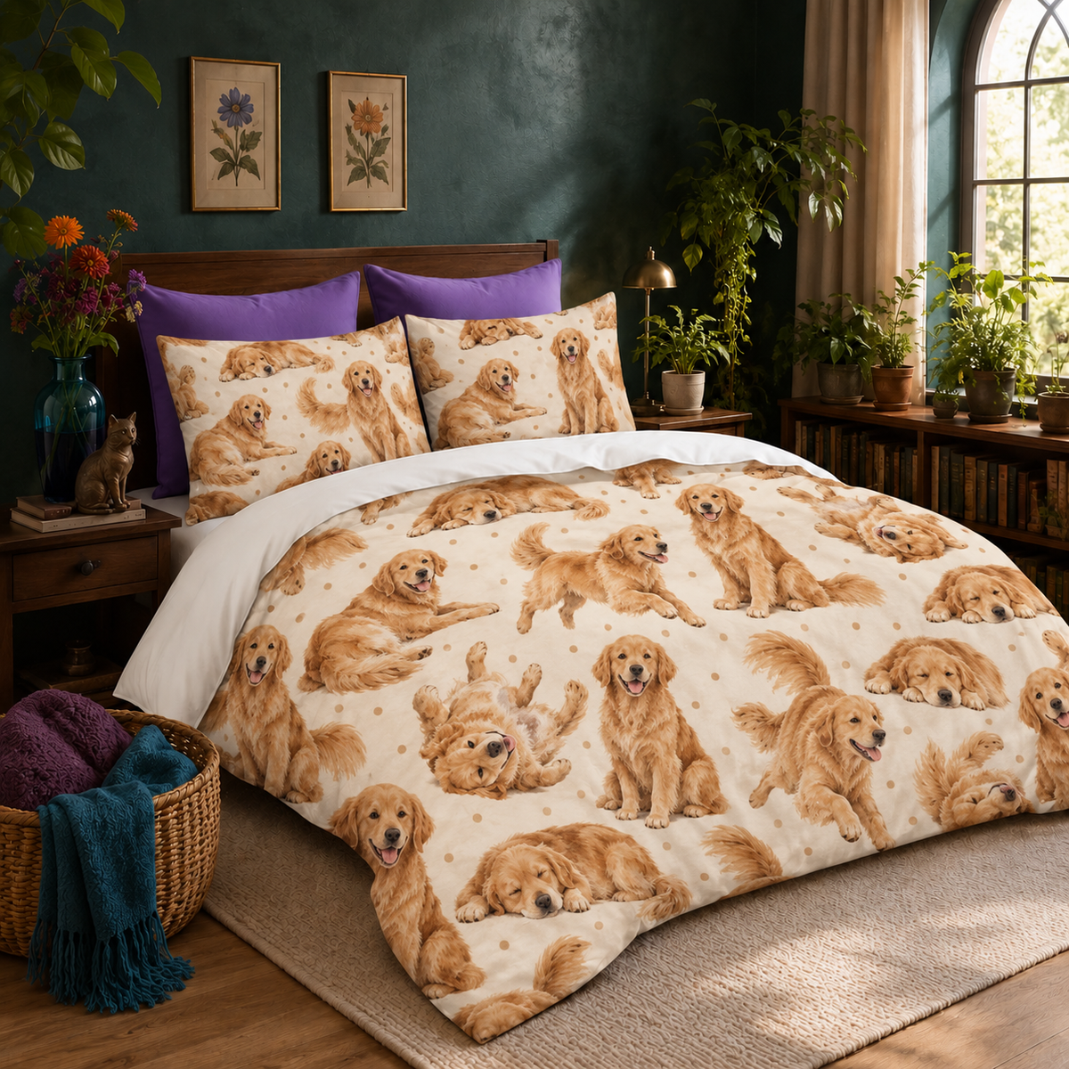 Playful Golden Retriever duvet cover set with two matching shams on a made bed
