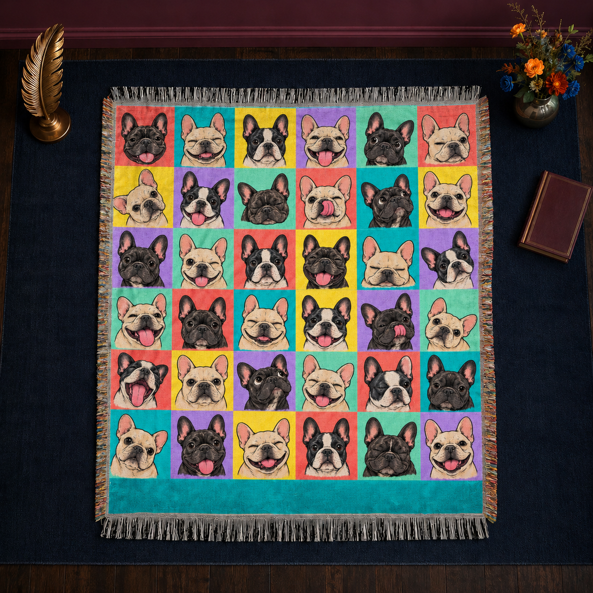 Pop Art French Bulldog Grid woven throw blanket