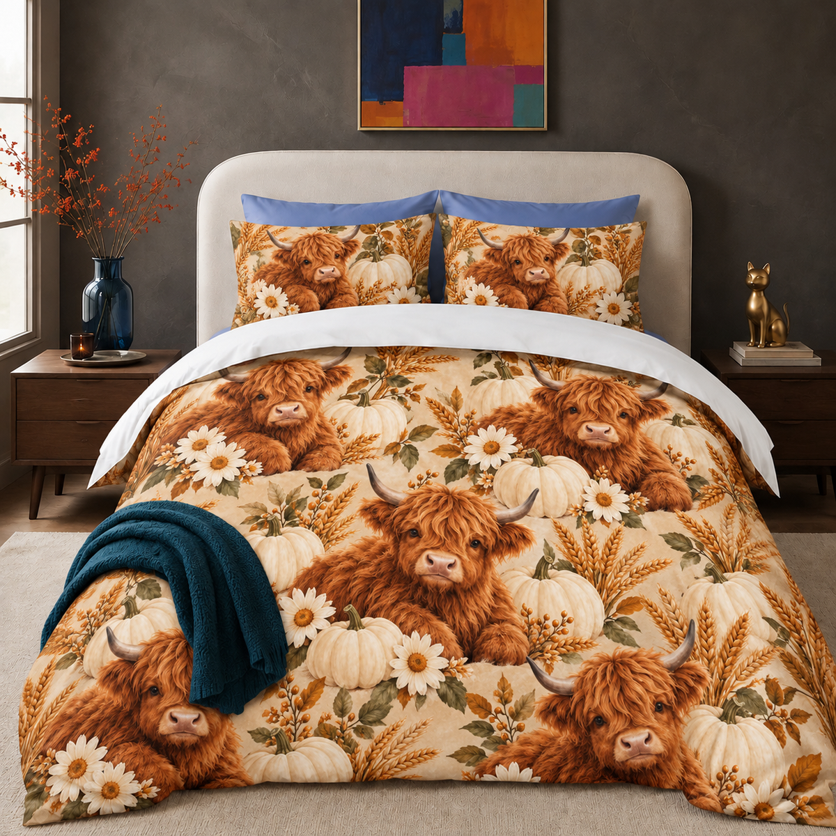Pumpkin Harvest Highland Cow comforter set on a bed against a charcoal wall