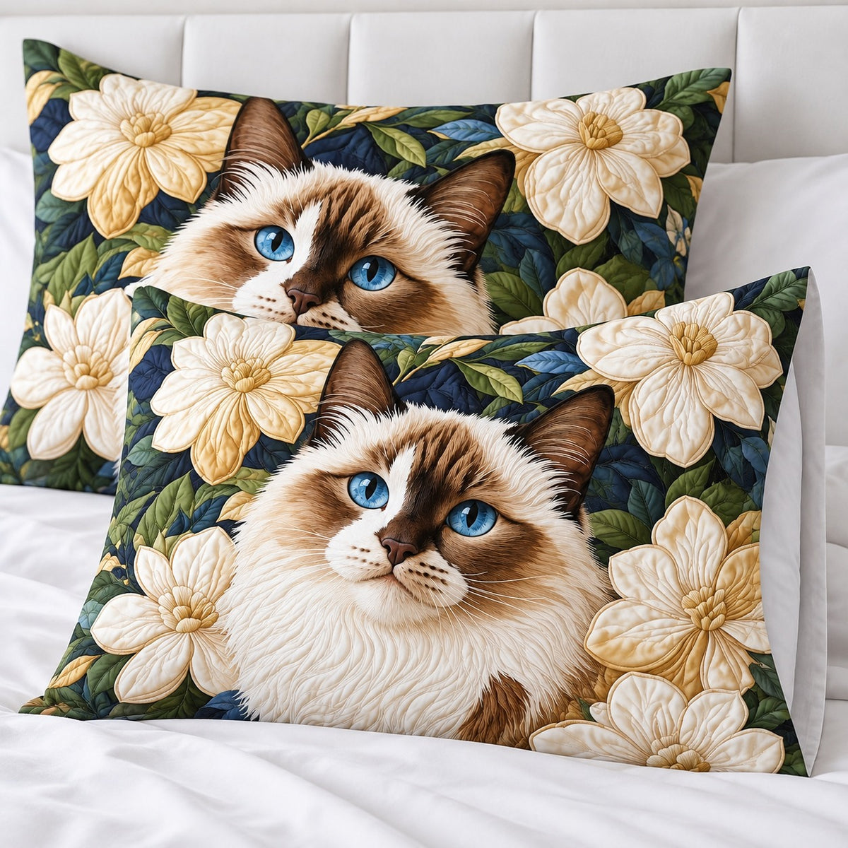 Ragdoll Blossom Cat pillowcases – set of two printed pillowcases on a white bed