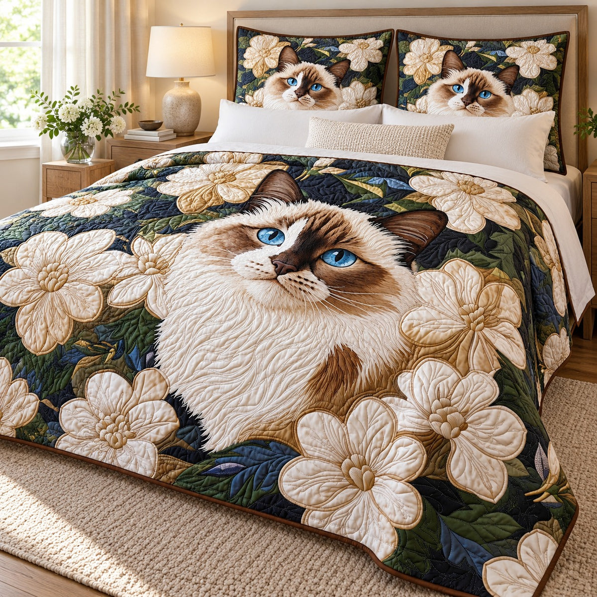 Ragdoll Blossom Cat quilt set – quilt and two matching shams on a queen bed in a bright neutral bedroom