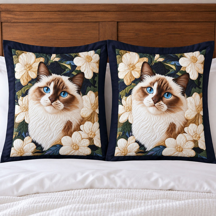 Ragdoll Blossom Cat pillow shams – two flanged shams standing against a wooden headboard