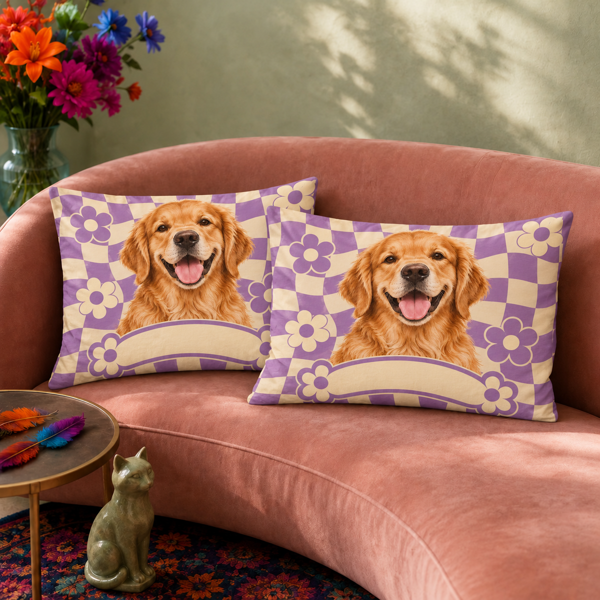 Retro Checkerboard Golden Retriever Pillowcase Set