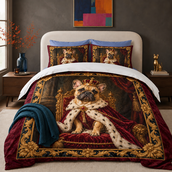 Royal French Bulldog Portrait comforter set with two matching shams on a made bed