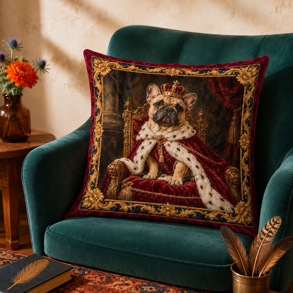 Royal French Bulldog Portrait cushion cover on a green velvet armchair