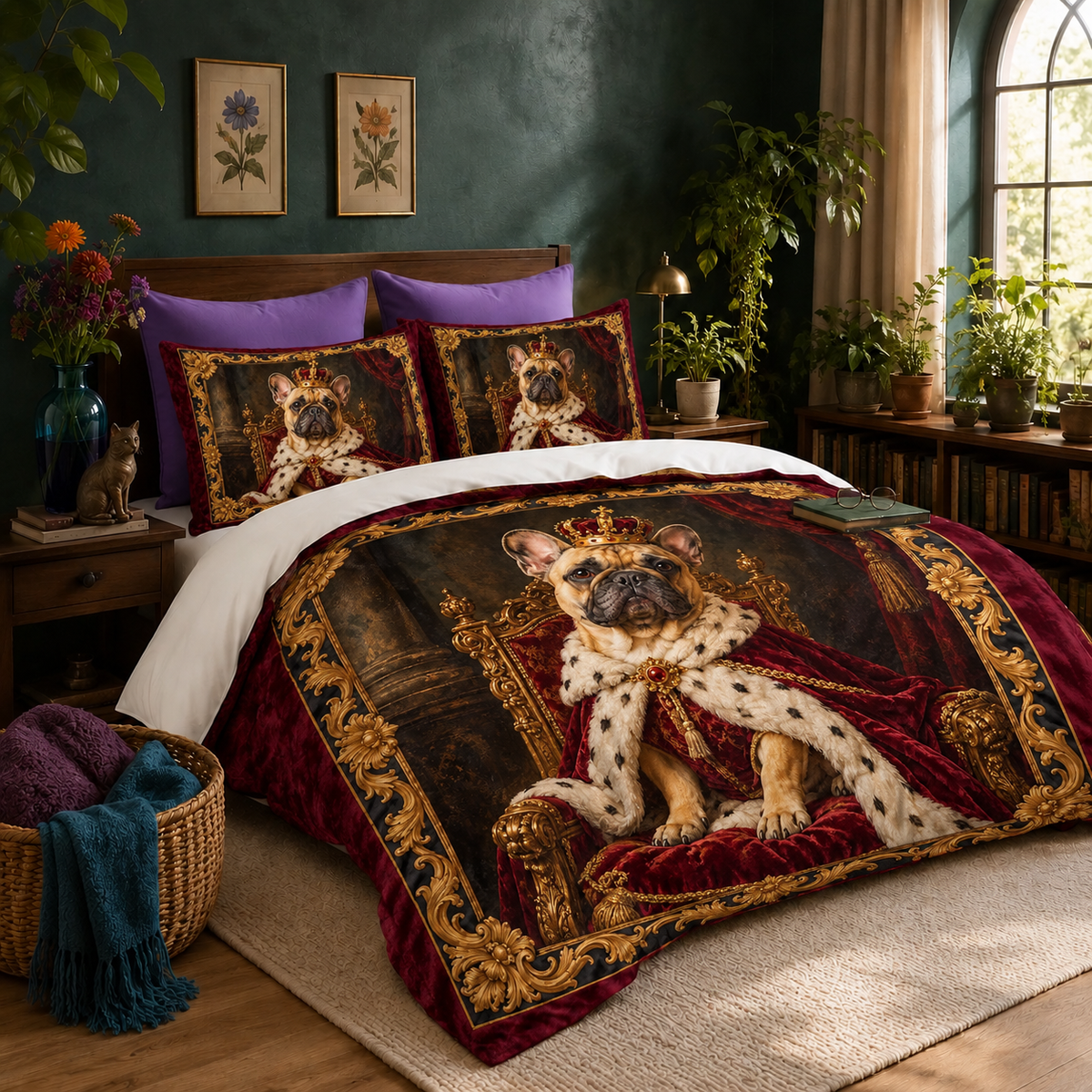 Royal French Bulldog Portrait duvet cover set with two matching shams on a made bed