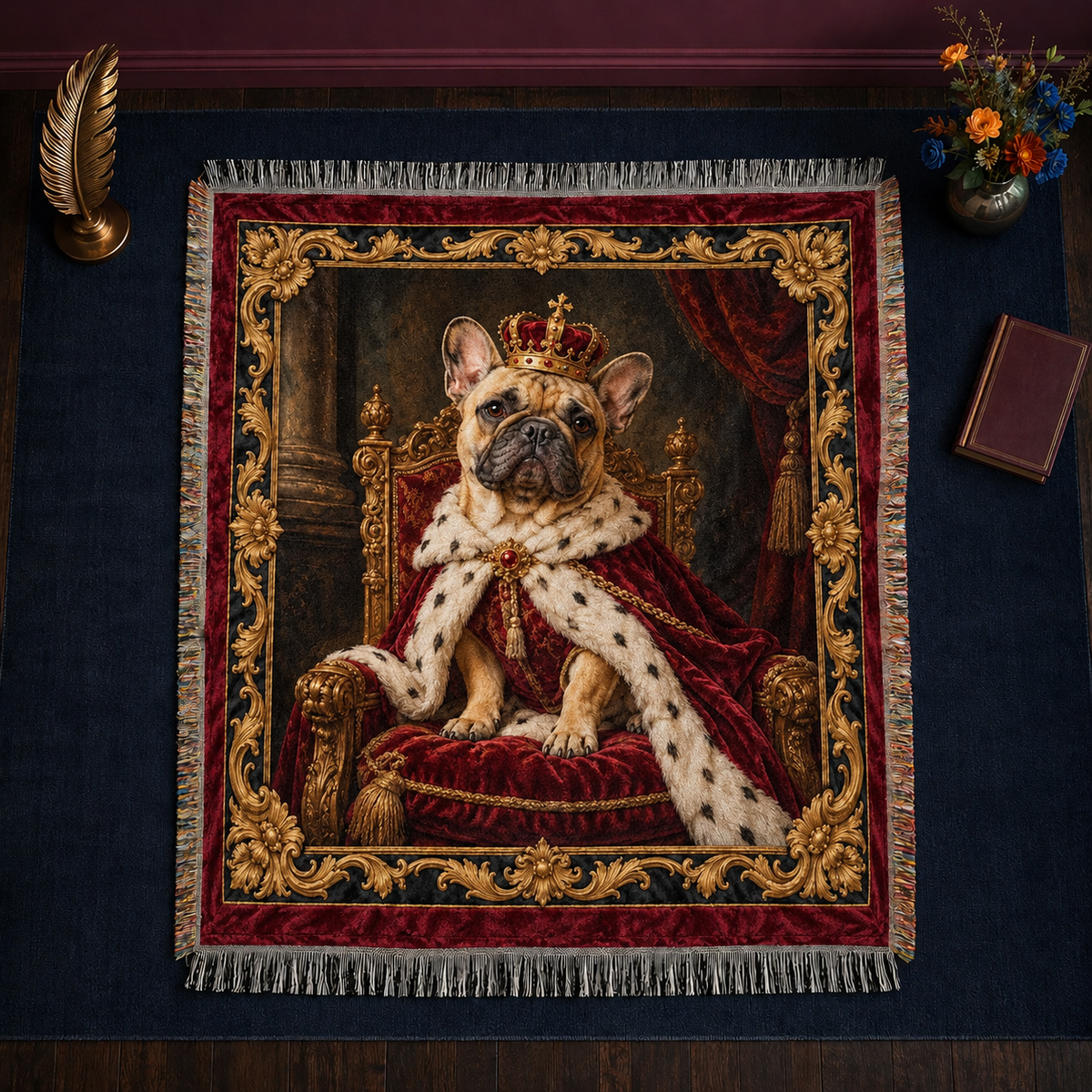 Royal French Bulldog Portrait woven throw blanket with knotted fringe on all four sides