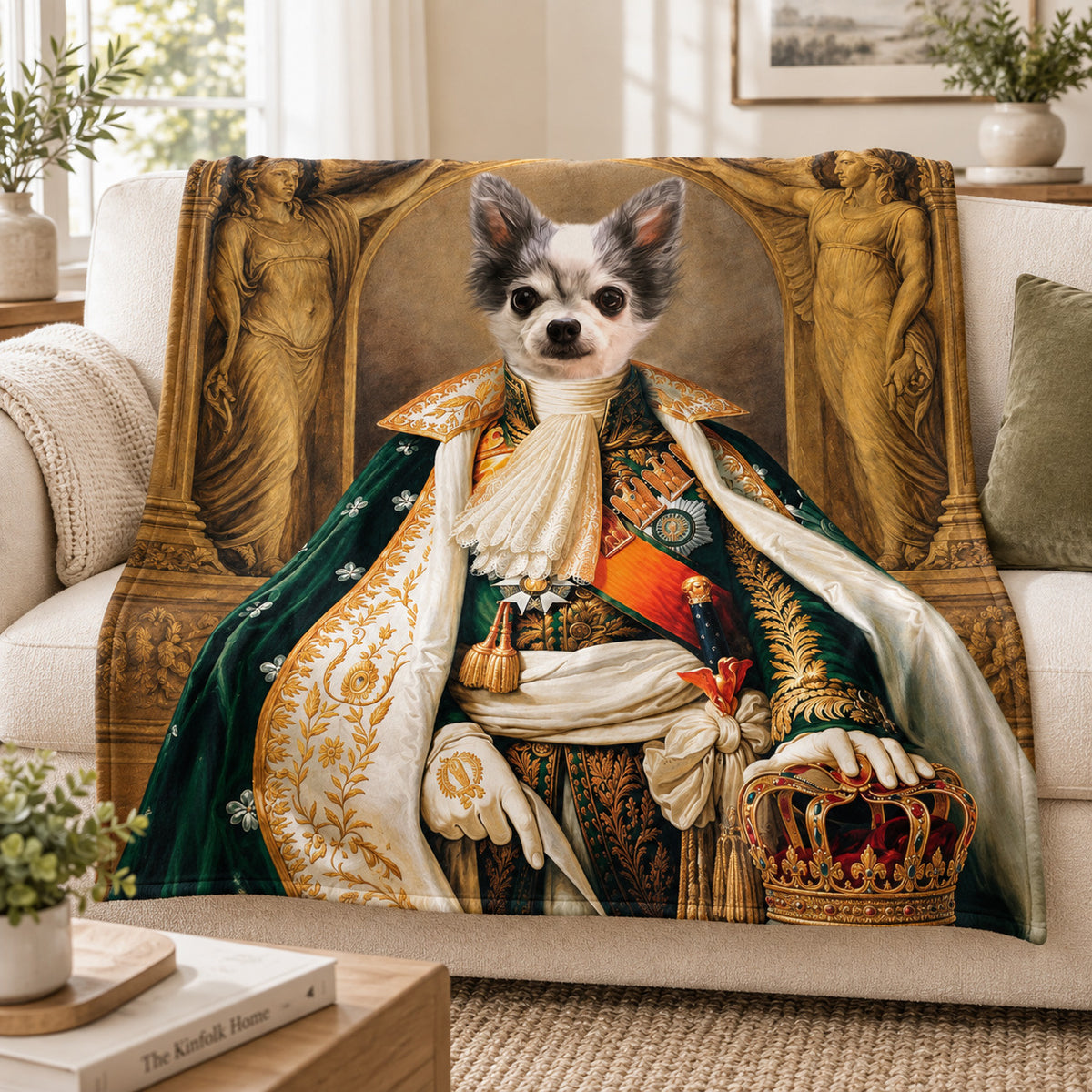 Renaissance royal pet portrait blanket with a dog in robes and crown, on a sofa