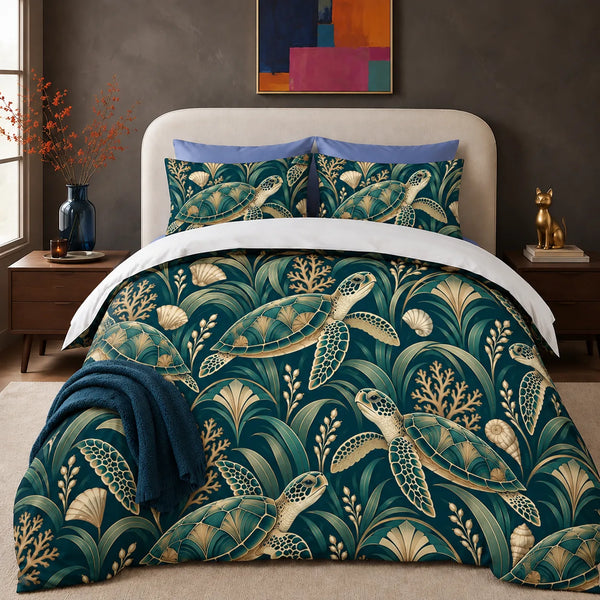 Art Deco Sea Turtle comforter set — gold-outlined sea turtles with Art Deco fans, seagrass and coral on deep teal