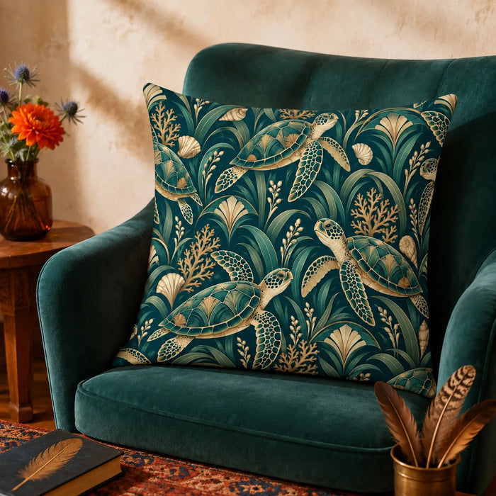 Art Deco Sea Turtle cushion cover set — gold-outlined sea turtles with Art Deco fans, seagrass and coral on deep teal