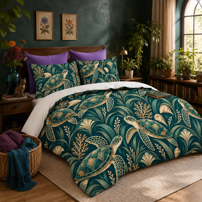 Art Deco Sea Turtle duvet cover set — gold-outlined sea turtles with Art Deco fans, seagrass and coral on deep teal
