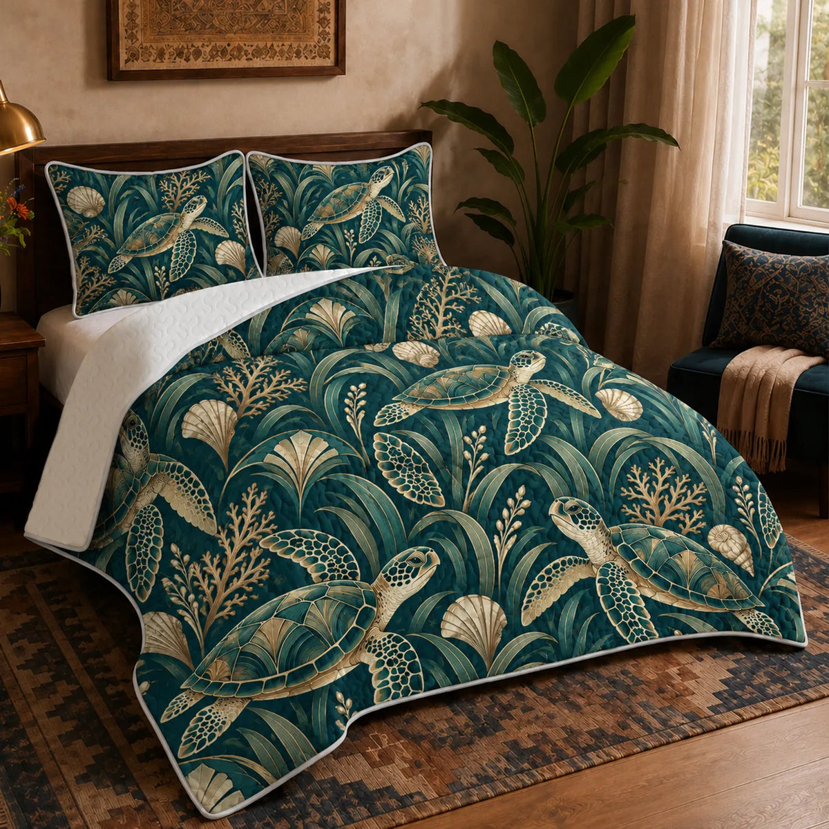Art Deco Sea Turtle quilt set — gold-outlined sea turtles with Art Deco fans, seagrass and coral on deep teal