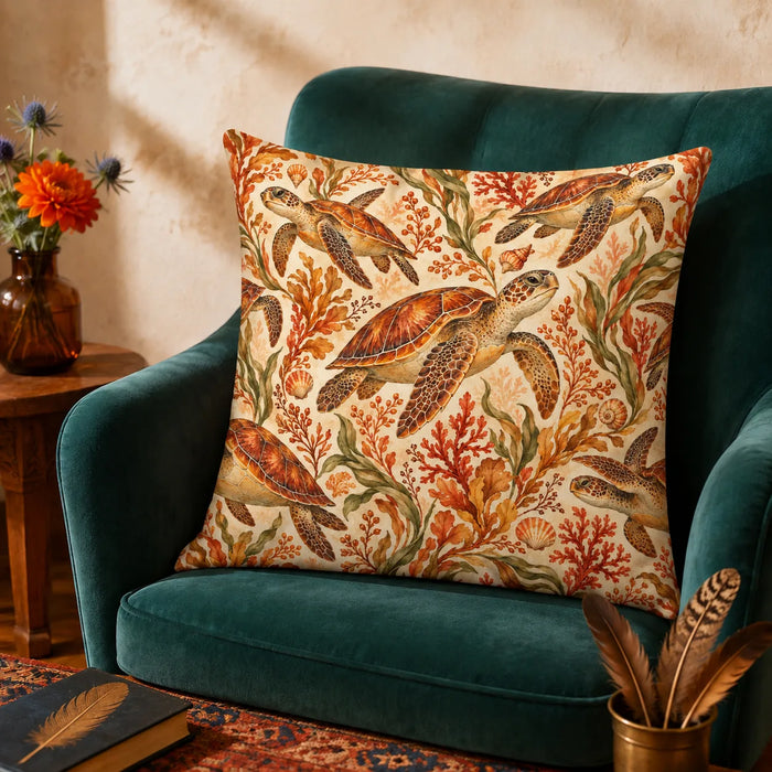 Autumn Copper Sea Turtle cushion cover set — copper sea turtles among rust coral, amber seaweed and olive seagrass on cream
