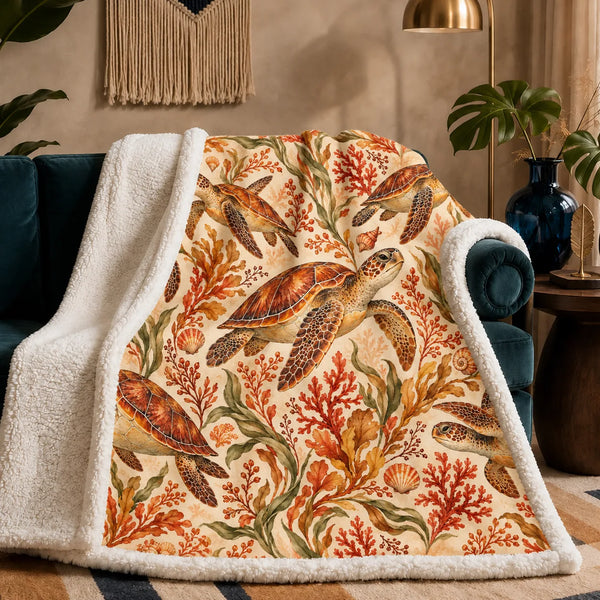 Autumn Copper Sea Turtle sherpa blanket — copper sea turtles among rust coral, amber seaweed and olive seagrass on cream