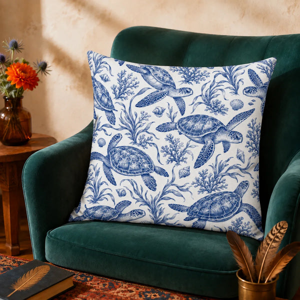 Blue Toile Sea Turtle cushion cover set — cobalt blue engraved sea turtles with coral, seaweed and shells on white
