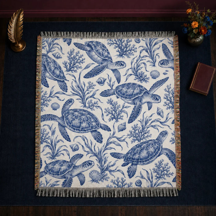 Blue Toile Sea Turtle woven throw blanket — cobalt blue engraved sea turtles with coral, seaweed and shells on white