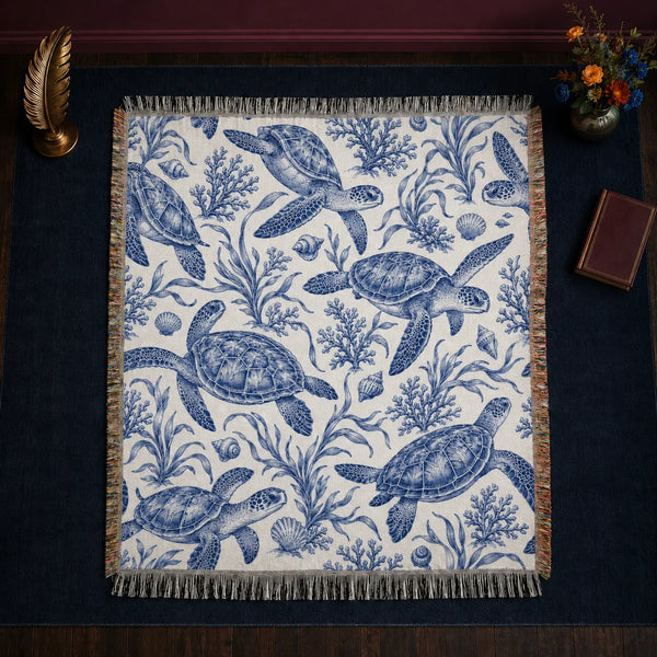 Blue Toile Sea Turtle woven throw blanket — cobalt blue engraved sea turtles with coral, seaweed and shells on white