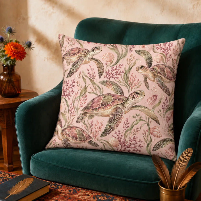 Blush Meadow Sea Turtle cushion cover set — watercolor sea turtles among pink coral, sage seagrass and shells on blush pink
