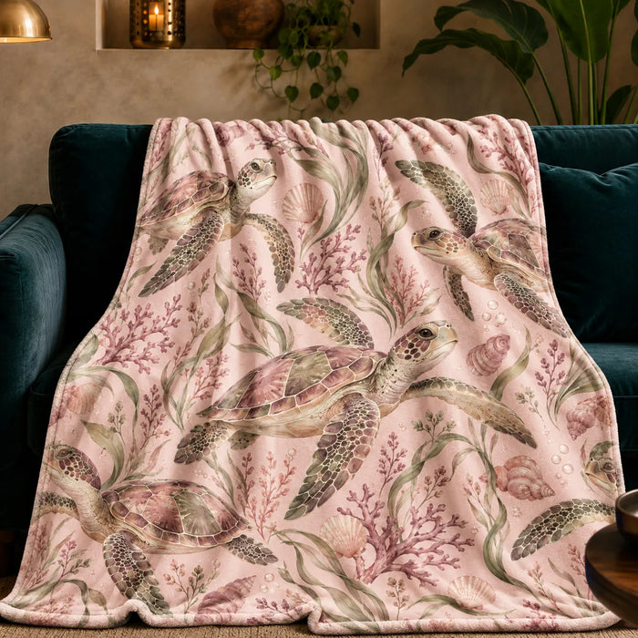 Blush Meadow Sea Turtle fleece throw blanket — watercolor sea turtles among pink coral, sage seagrass and shells on blush pink